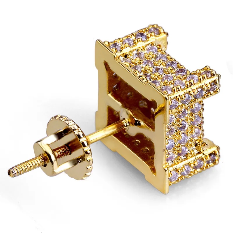 Bling Bling Screw Back Square Zircon Stud Earrings for Men Real Gold Silver Plated Men