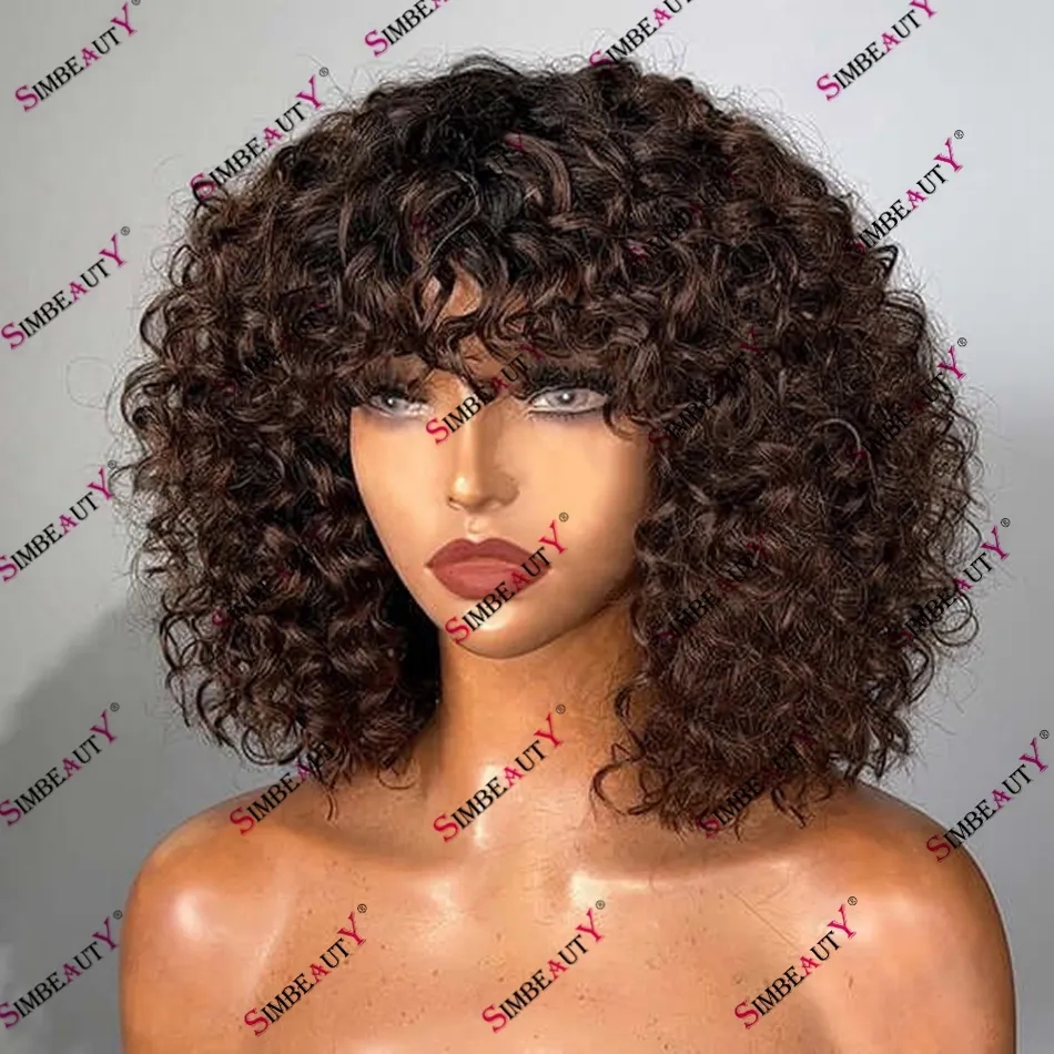 Chocolate Brown Ombre Jerry Curly Indian Human Hair 13x6 Spets Front Wig With Fringe 200% Density Full Spets Glueless Wig