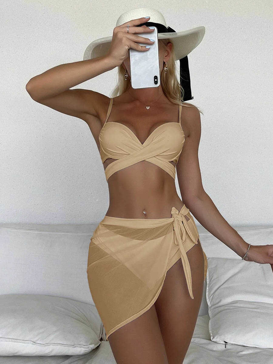 Kvinnors badkläder 3 -bit bikinis sexig bandeau baddräkt kvinnor badkläder 2023 baddräkt Push Up Biquini Mesh Wrap Solid Bikini Set Beach Wear