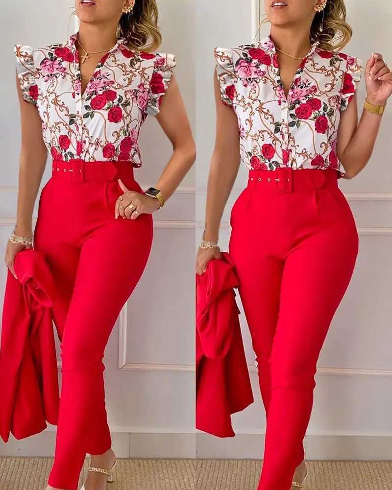 Women Designers Clothes 2023 Spring and summer New Fashion Printed Ruffle Sleeve Top Solid Pants Set with Belt