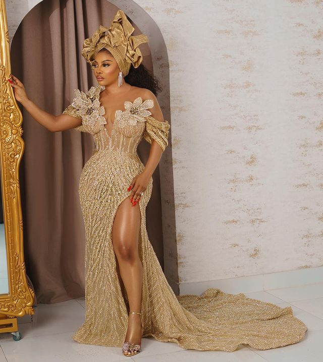 2023 Oct Aso Ebi Arabic Gold Mermaid Prom Dress Sequined Lace Evening Formal Party Second Reception Birthday Engagement Gowns Dresses Robe De Soiree ZJ65