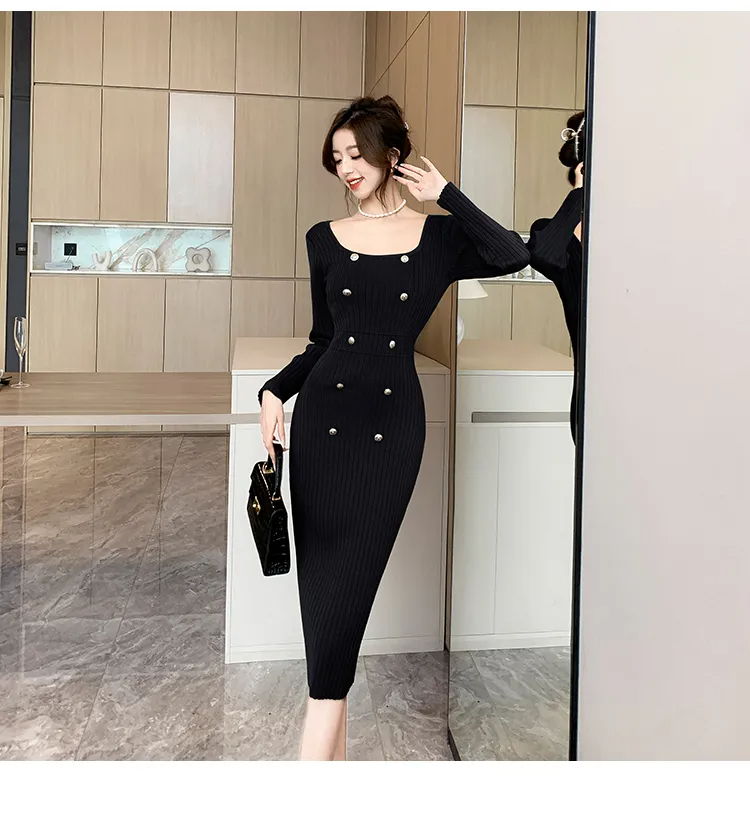 Basic Casual Dresses New Fashion Vintage Green Double Breasted Knitted Dress Sexy Square Neck Long Sleeve Elegant Sweater Dresses Vestidos 2024