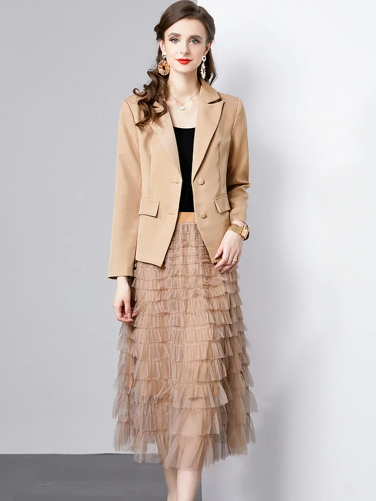 Two Piece Dress Office Ladies Autumn Winter Set Women Blazer Two Piece Set + Women's Elastic Waist Ruffles Khaki Sets 2024