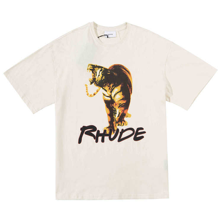 2024men's TシャツRhude Tiger Print Short-Sleeved American High-Street Hip-Hopルーズカジュアルな多目的なラウンドネックカップルTシャツファッション