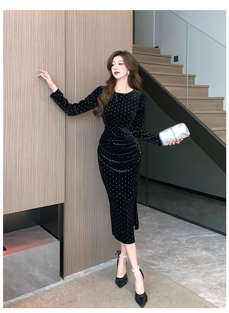 Basic Casual Dresses New Autumn Velvet Dress For Women's Celebrity Sexy Split Hot Diamond Long Dress Slim Black Dresses Vestidos 2024