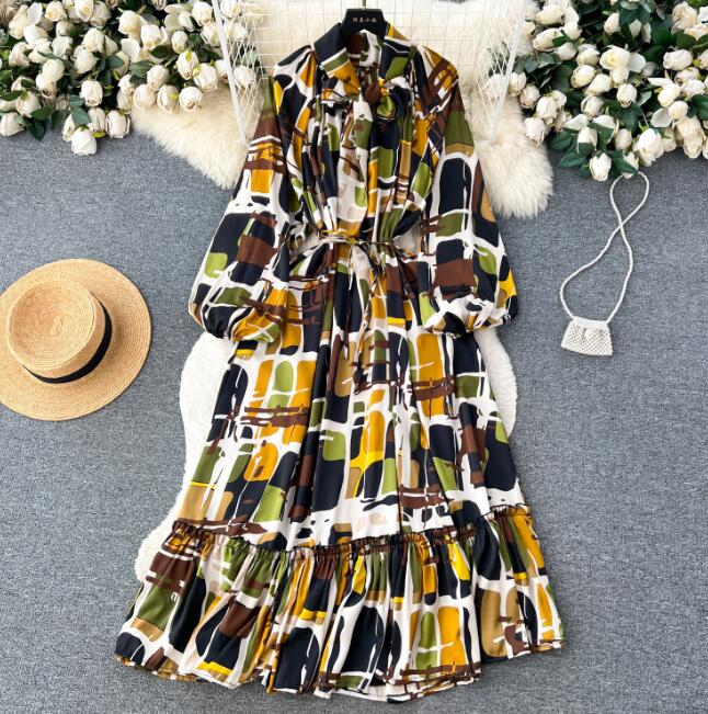 Autumn Gentle Chiffon Long Dress Women Lace Up Bow A Line Lantern Sleeve 2023 New French Vintage Sexy Slim Print Dress