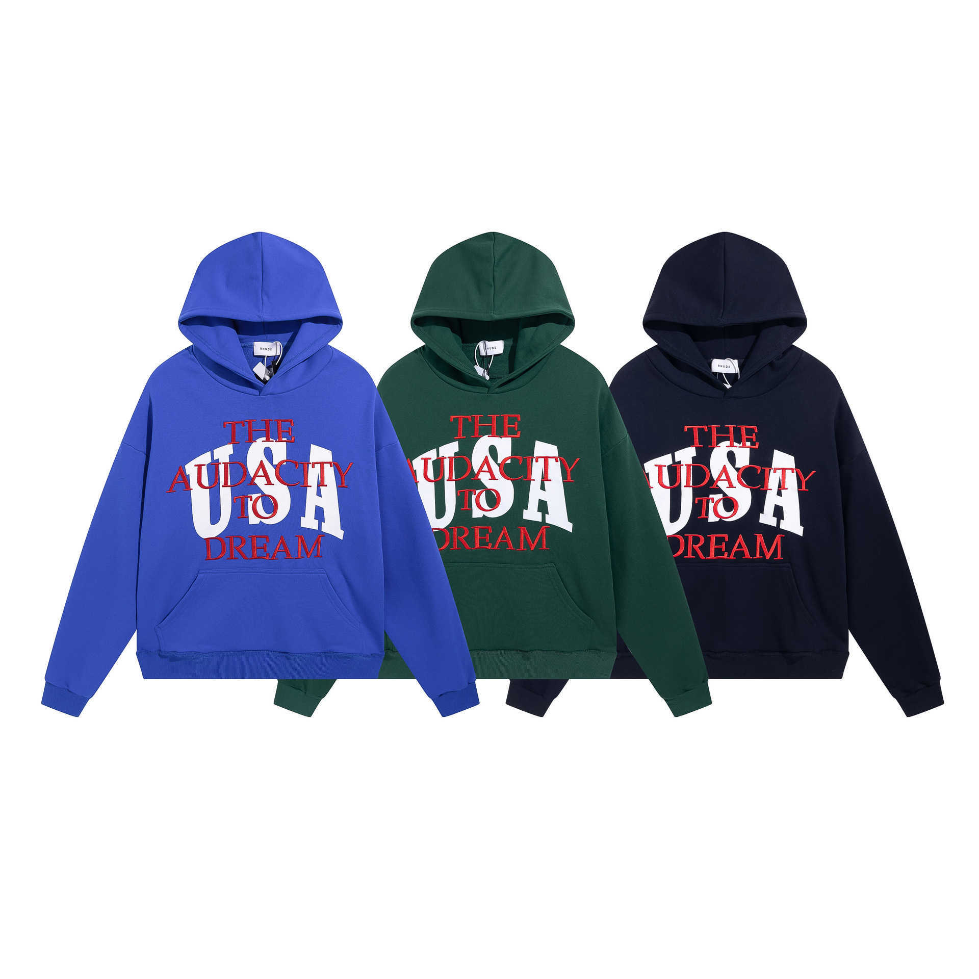 Men's T-shirts Beauty Trend Niche Rhude Embroidery Usa Terry Hoodie High Street Versatile Loose Fitting Men's and Women's Outerwear