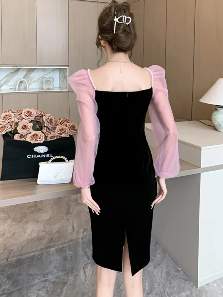 Basic Casual Jurken High-End Licht Luxe Roze Mesh Patchwork Fluwelen Jurk Dameskleding Temperament Knielange Jurken Vestidos 2024