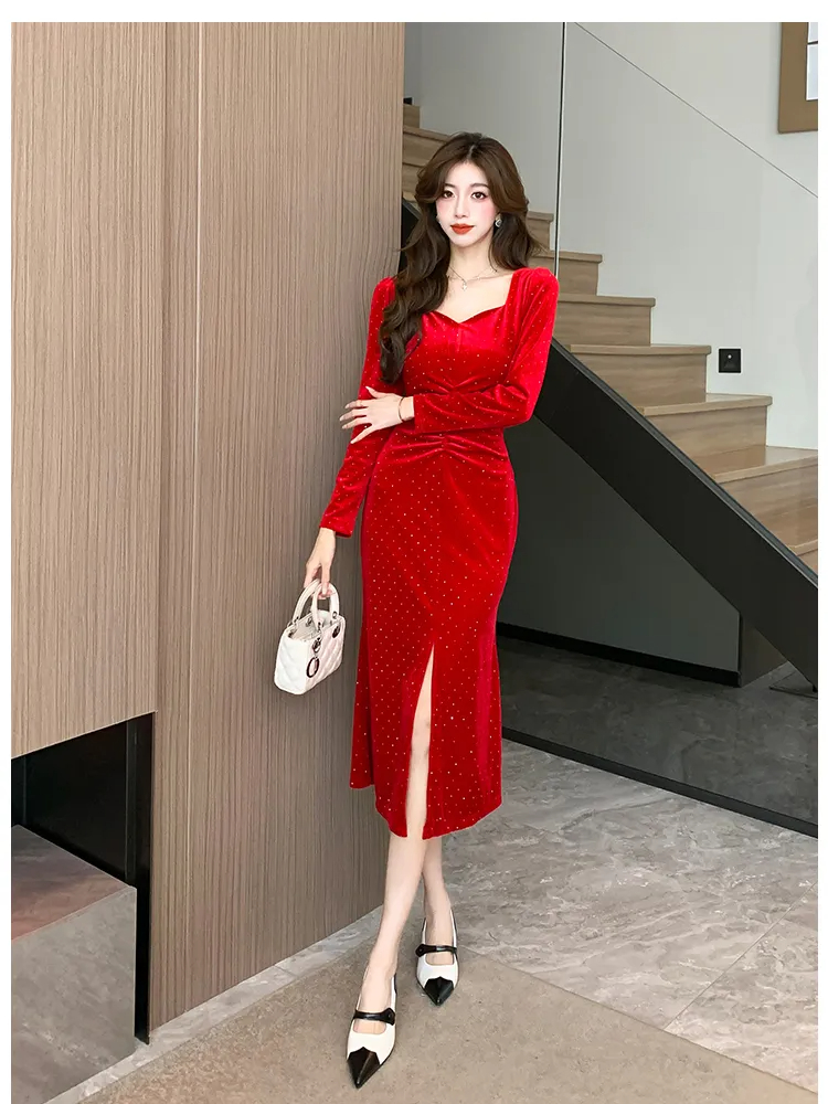 Basic Casual Dresses New Autumn/Winter Black Red Velvet DressFor Women's Hot Diamond Mid Length Slim Sexy Split Dress Fashion Female Clothing 2024