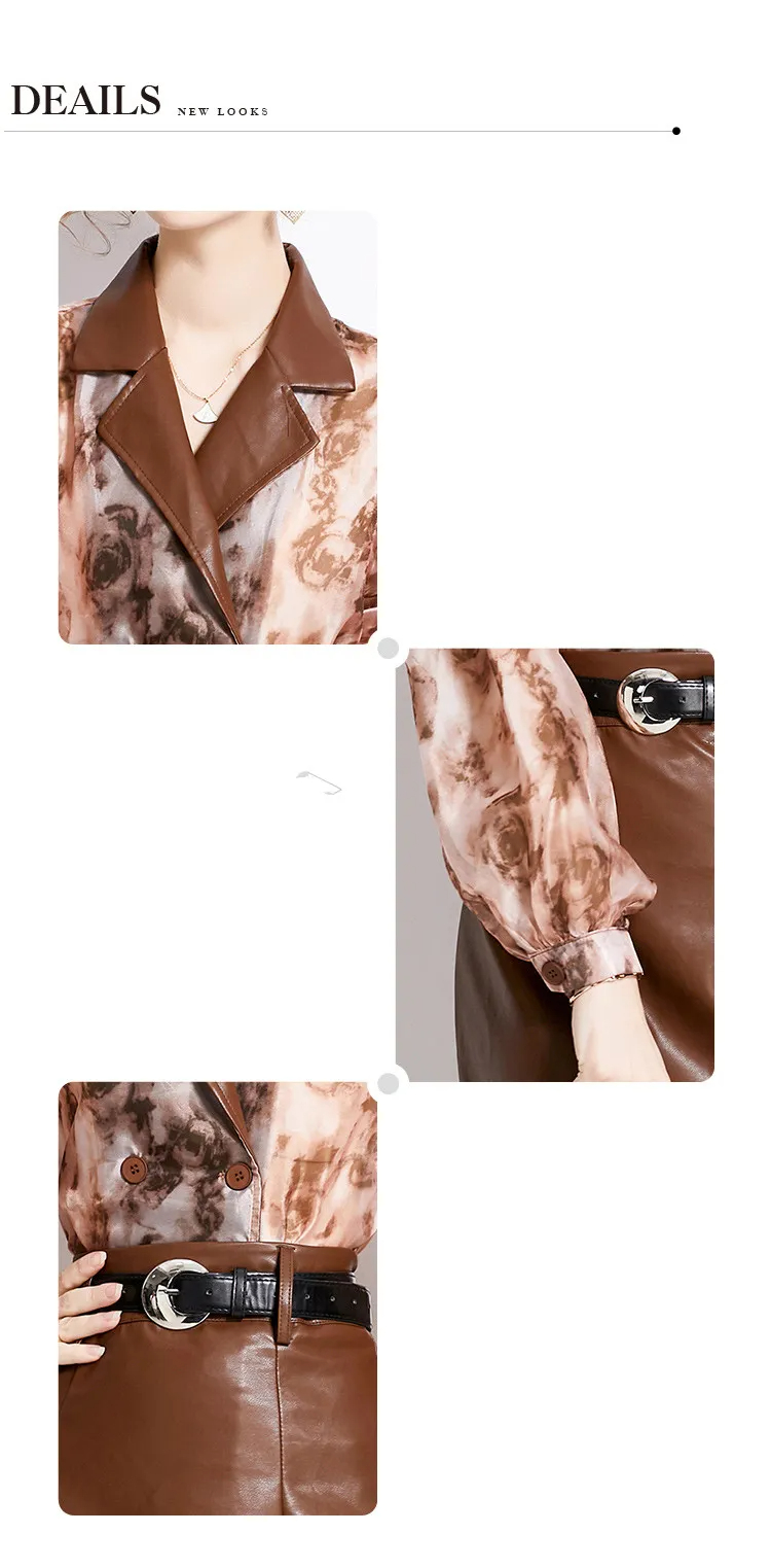 Dwuczęściowa sukienka kobiety Pu skórzana patchwork Modna luźna bluzka z długim rękawem Dwupoziomowy zestaw damski Vintage PU Long Scirt Zestawy 2024
