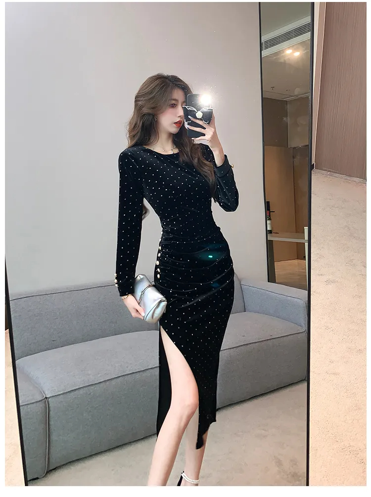 Basic Casual Dresses New Autumn Velvet Dress For Women's Celebrity Sexy Split Hot Diamond Long Dress Slim Black Dresses Vestidos 2024