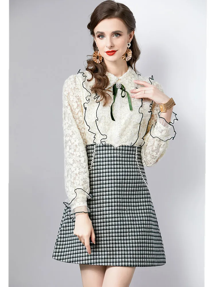 Basic Casual Dresses New Fashion Lace Hollow Out Patchwork Tweed Dress Women