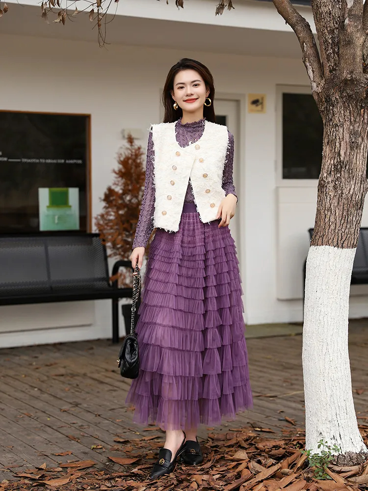 Women Skirts High Waist Slim Layered Cake Skirt For Women Autumn Winter New Fashion Thousand Layer Mesh Long Skirt 2024