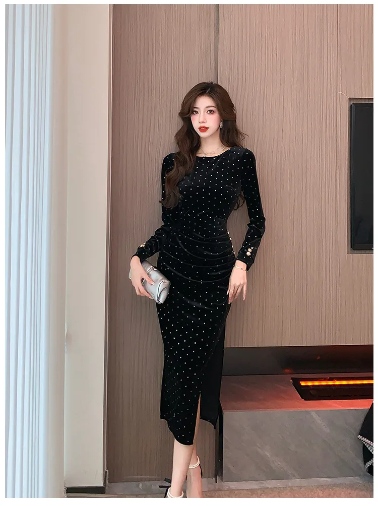 Basic Casual Dresses New Autumn Velvet Dress For Women's Celebrity Sexy Split Hot Diamond Long Dress Slim Black Dresses Vestidos 2024