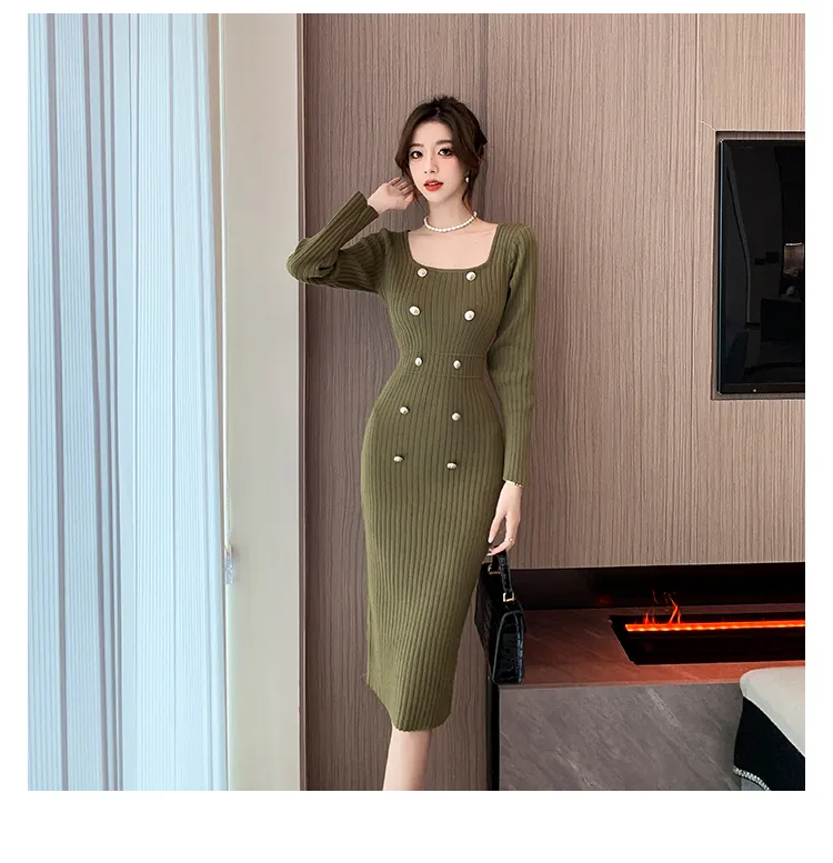Basic Casual Dresses New Fashion Vintage Green Double Breasted Knitted Dress Sexy Square Neck Long Sleeve Elegant Sweater Dresses Vestidos 2024