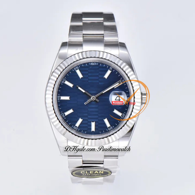 Clean Factory CF 126334 VR3235 Automatisk herrklocka Datum Fluten Blue Stick Dial 904L Oystersteel Armband Super Version Puretimewatch Reloj Hombre Watches 0031