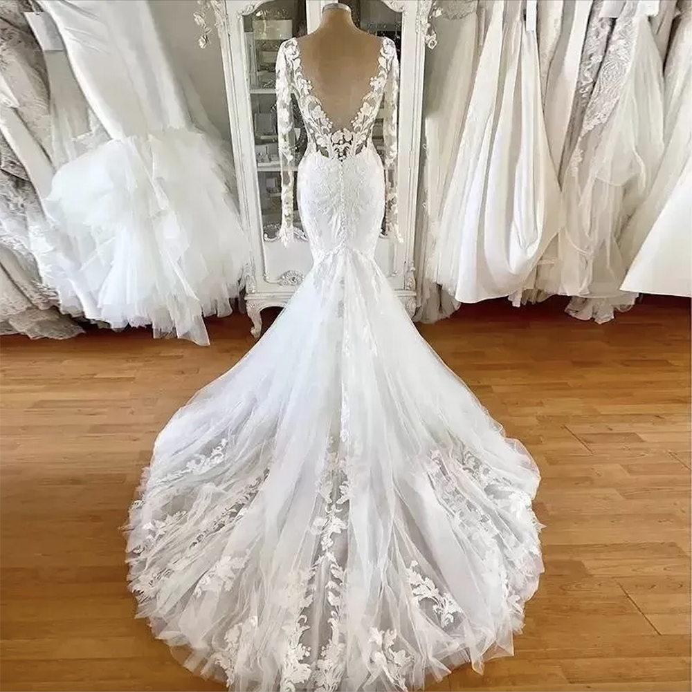 Luxo decote em v sereia vestidos de casamento sexy renda completa apliques plus size ilusão vestidos de festa de noiva novia 2023