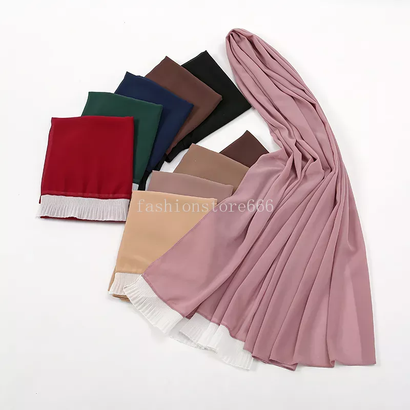 Nuova Sciarpa Hijab in Chiffon con volant in pizzo Scialle lungo Turbante semplice Femme Bandana Sciarpe musulmane le donne Foulard Avvolge Turbanti