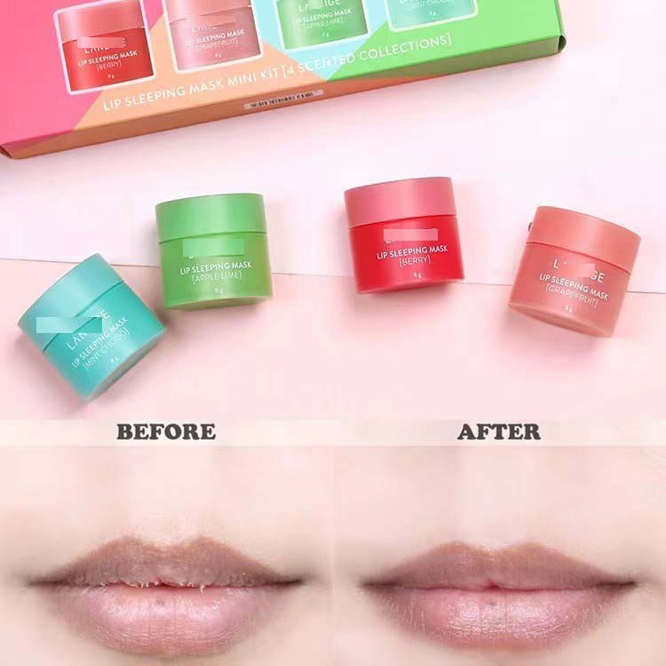 4 pçs por conjunto coreano lan eige lábio máscara de dormir essência mini conjunto perfumado nutritivo hidratante secura máscara de cuidados com os lábios pós livre