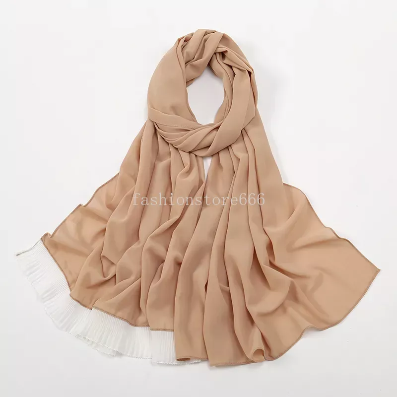 Nuova Sciarpa Hijab in Chiffon con volant in pizzo Scialle lungo Turbante semplice Femme Bandana Sciarpe musulmane le donne Foulard Avvolge Turbanti