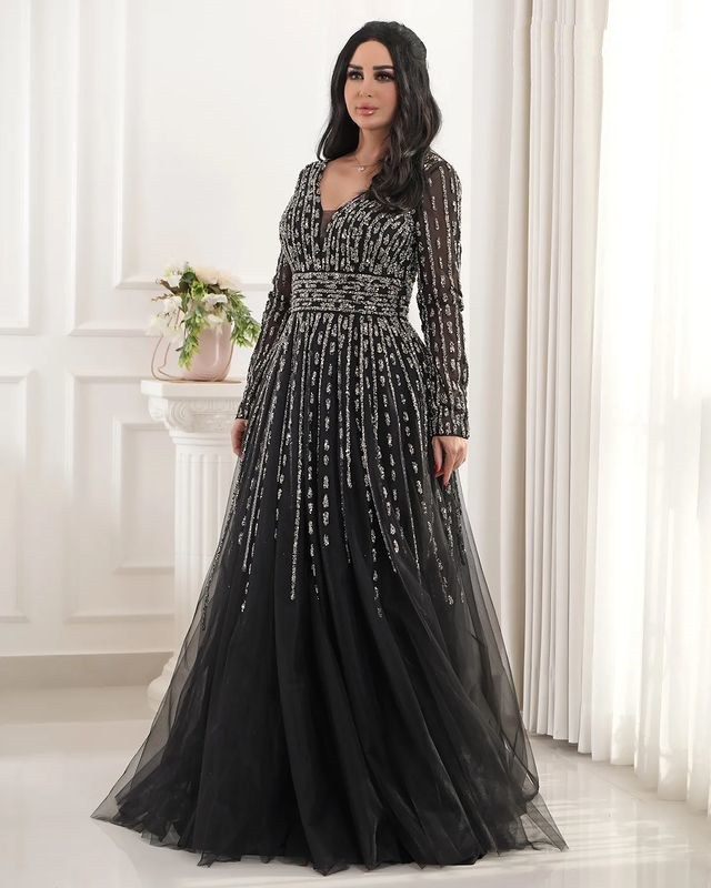 2023 Oct Aso eBi 아랍어 검은 색 A- 라인 신부 드레스 스팽글 레이스 저녁 공식 파티 생일 유명 인사 신랑 가운 드레스 ZJ346