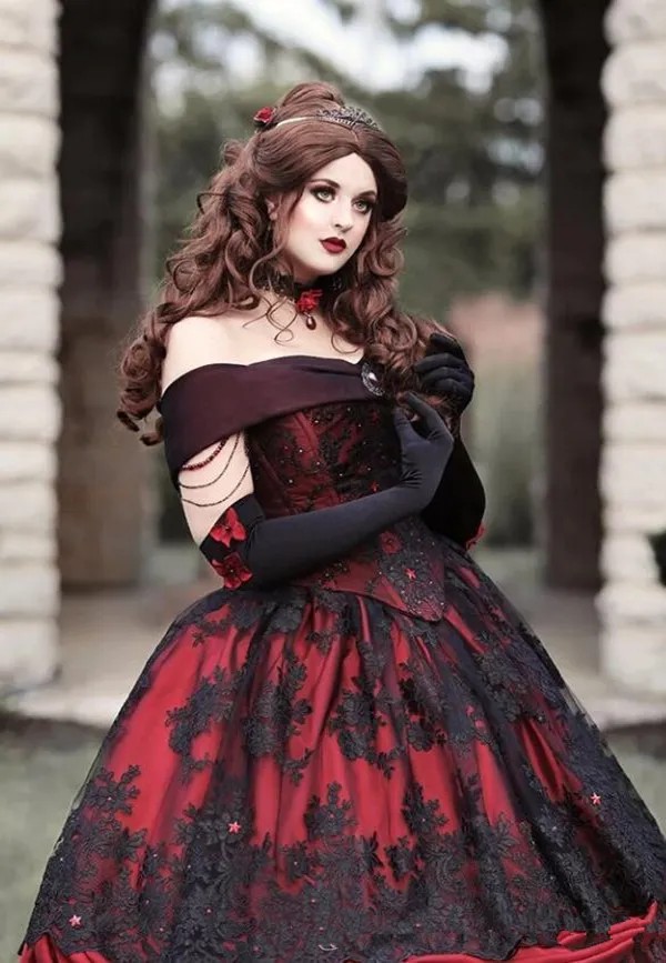 Gothique Belle Rouge Noir Fantaisie Une Ligne Robes De Mariée Dentelle Applique Exposée Désossage Corset Perles Mascarade Victorienne Hors Épaule Robe De Mariée Robes AL9054