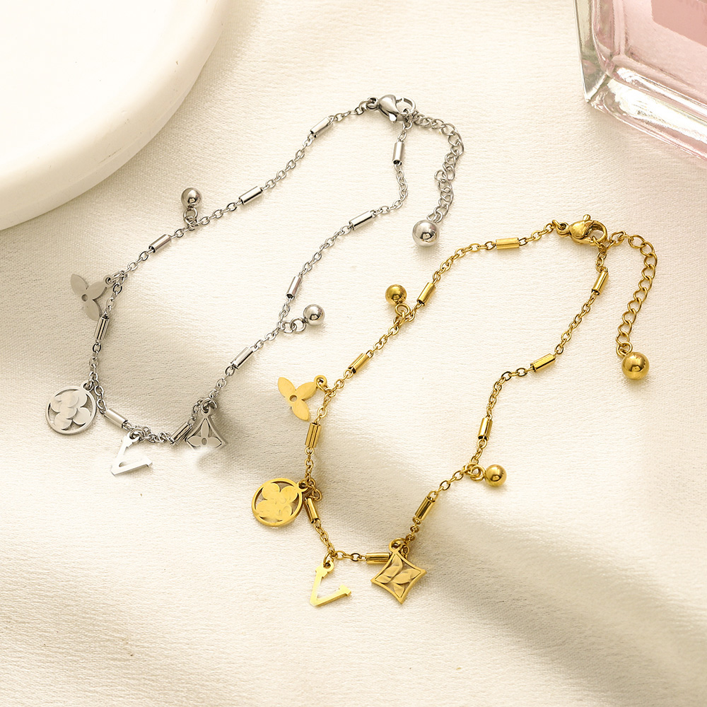Marque Desinger perles pendentif bracelets de cheville pour femmes lettre chaîne pièce d'été en acier inoxydable chaîne jambe bijoux mode fleur accessoires cadeau 21 + 5 cm réglable à la mode