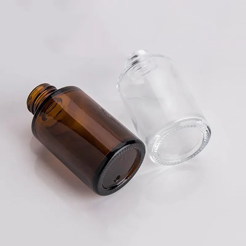 Großhandel 30 ml Glasflasche mit flacher Schulter, mattiert/transparent/bernsteinfarben, rund, ätherisches Öl, Serumflaschen mit Brille, Tropfflasche, kosmetische Reiseflaschen