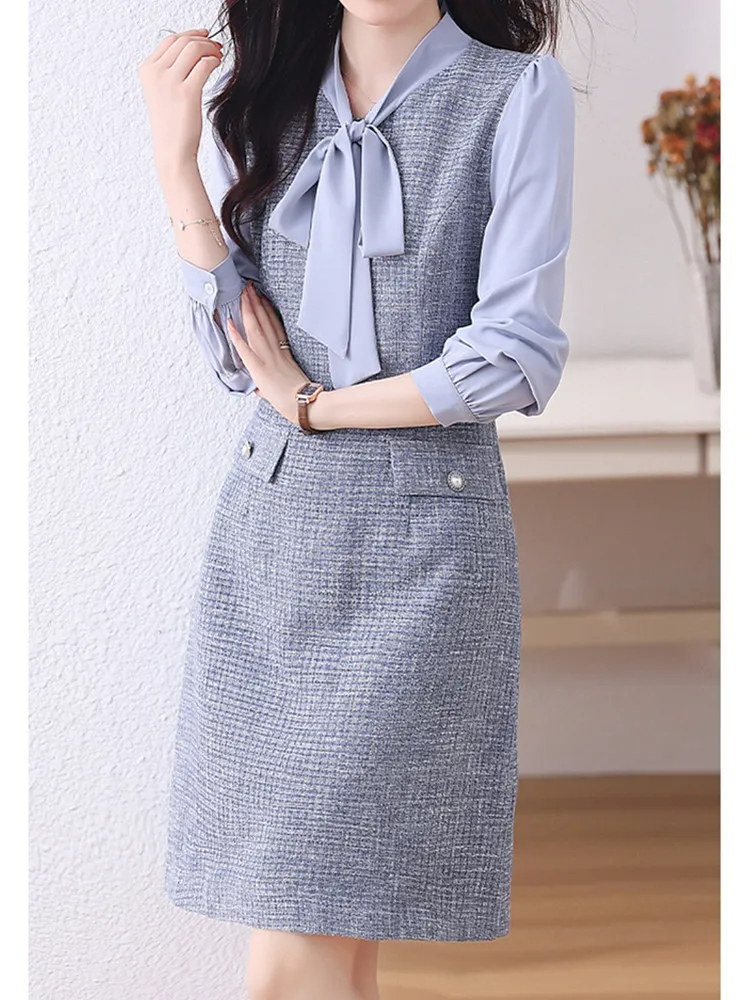 Basic Casual Dresses New Autumn Vintage Chiffon Tweed Knee-Length Patchwork Dress Women Ribbon Bow Long Sleeve Elegant Woolen Dresses Vestidos 2024