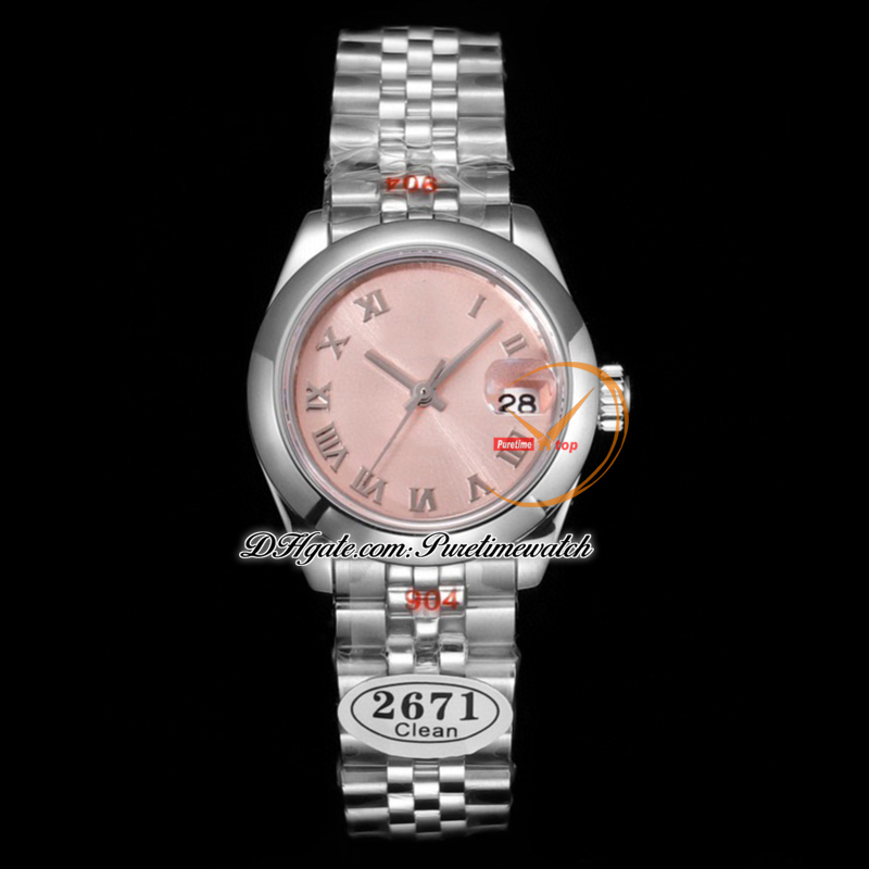 Clean Factory CF 279384RBR A2671 Relógio Automático Feminino 28mm Daimonds Moldura Diamante Roxo Dial 904L Jubileesteel Pulseira Super Versão Feminina Puretimewatch