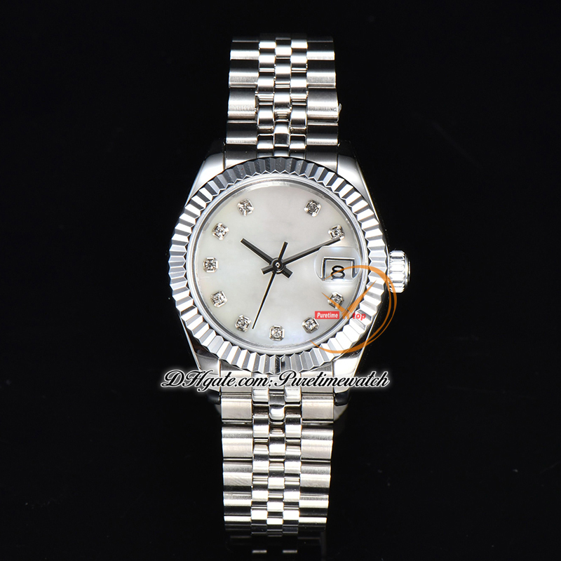 Clean Factory CF 279174 A2671 Relógio Automático Feminino 28 Moldura Canelada MOP Diamond Dial 904L Jubileesteel Pulseira Super Versão Feminina Puretimewatch 0009