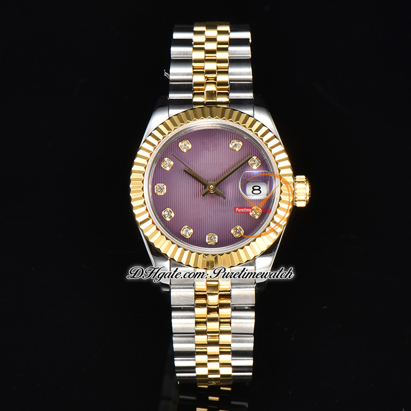 Clean Factory CF 279173 A2671 Automatic Ladies Watch 28 Two Tone Yellow Gold Purple Diamond Dial 904L Jubileesteel Bracelet Super Version Womens Puretimewatch 0017