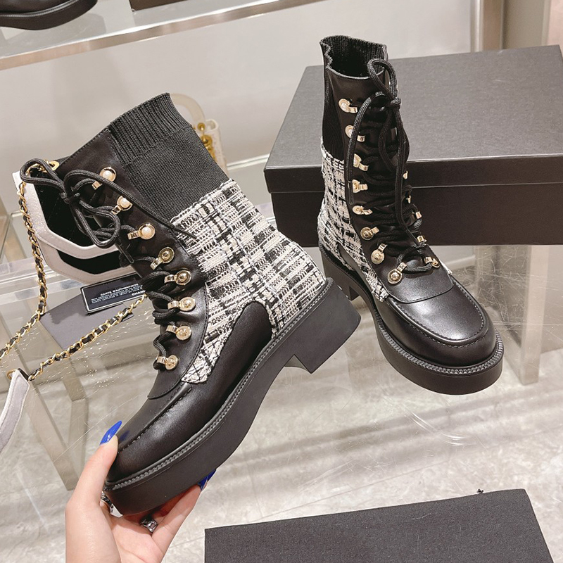 Berühmte Damen-Designer-Stiefel, Winter, neue Marke, echtes Leder, Splice-Schnür-Martin-Stiefel, runde Zehen, dicke Sohle, dicker Absatz, rutschfest, hohe, kurze Ärmel, Damenstiefel