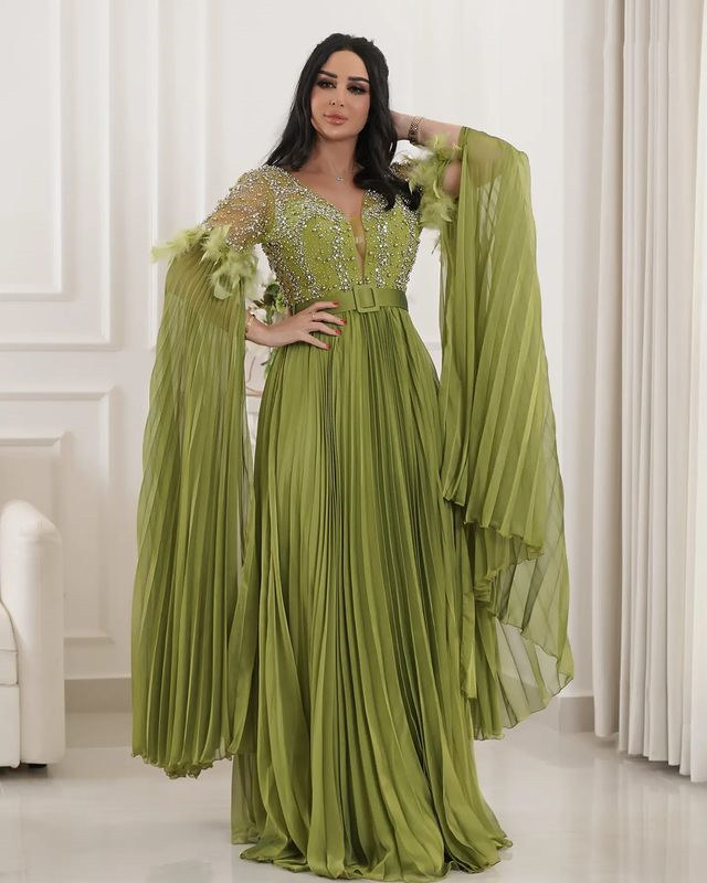 2023 ottobre Aso Ebi arabo verde A-line abiti la madre della sposa in rilievo chiffon da sera ballo formale festa di compleanno celebrità abiti la madre dello sposo vestito ZJ343