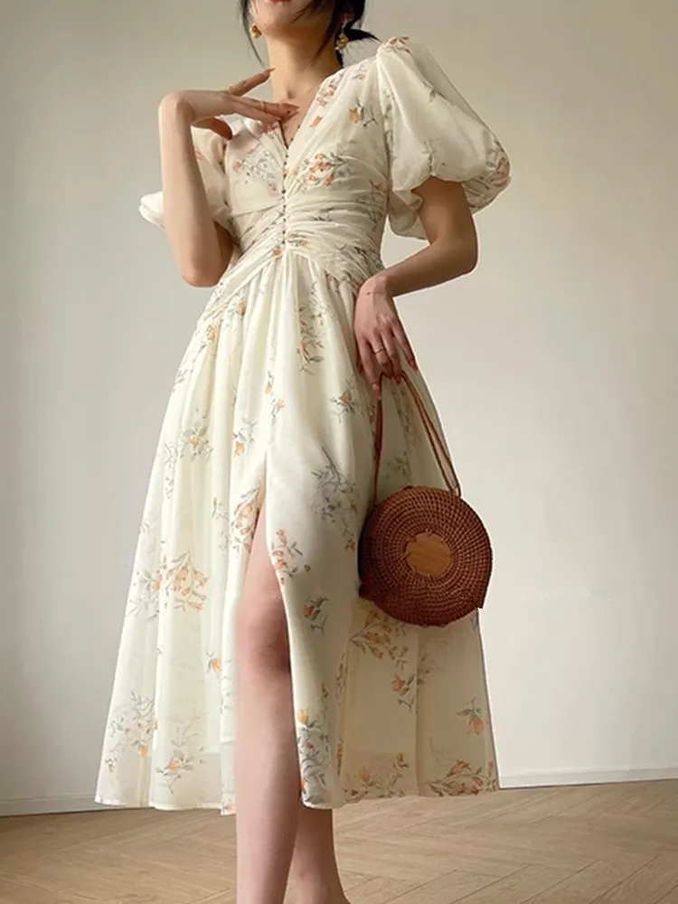 Basic Casual Dresses New Fashion Beaded French Summer Dress For Women Sexy V-Neck Puff Short Sleeve Elegant Floral Print Long Dress Female Clothing 2024