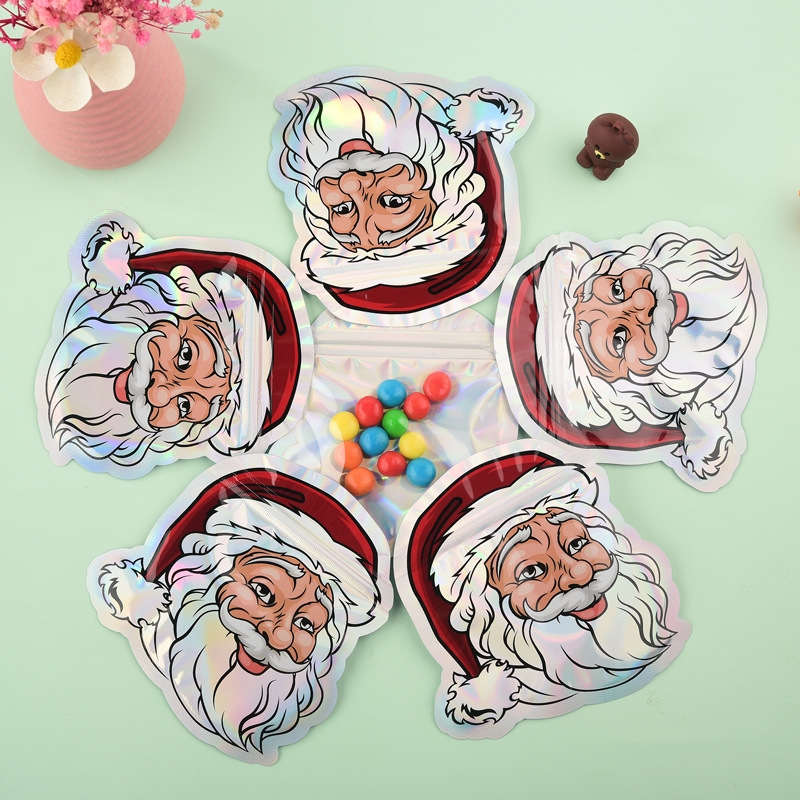 Laser Christmas Plastic Zipper Packaging Bags 12*12cm Santa Claus Creative Cartoon Festival Gift Dry Herb Chocolate Bean Sugar Candy Snack Coffee Package Storage