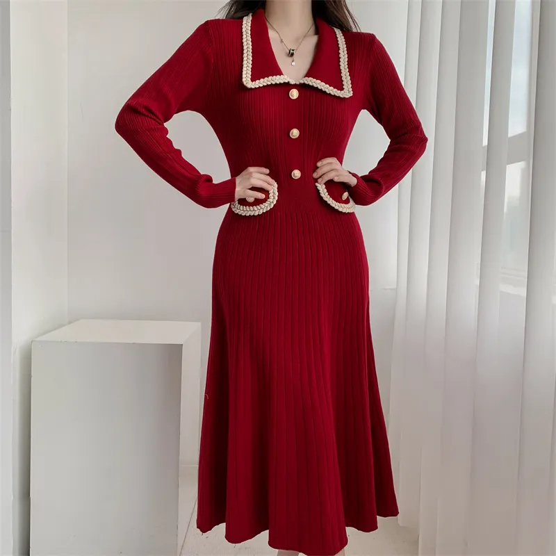 Basic Casual Dresses French Small Fragrant Style Long Sleeved Knitted Dress Women Autumn Winter Slim Temperament Mid-Length Christmas Sweater Dress 2024