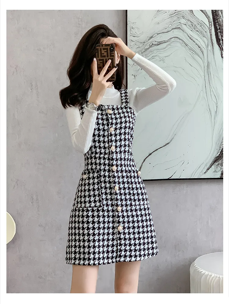 Vestido de duas peças novo outono inverno único breasted houndstooth cinta de espaguete vestido de duas peças conjunto feminino branco gola camisola conjuntos 2024