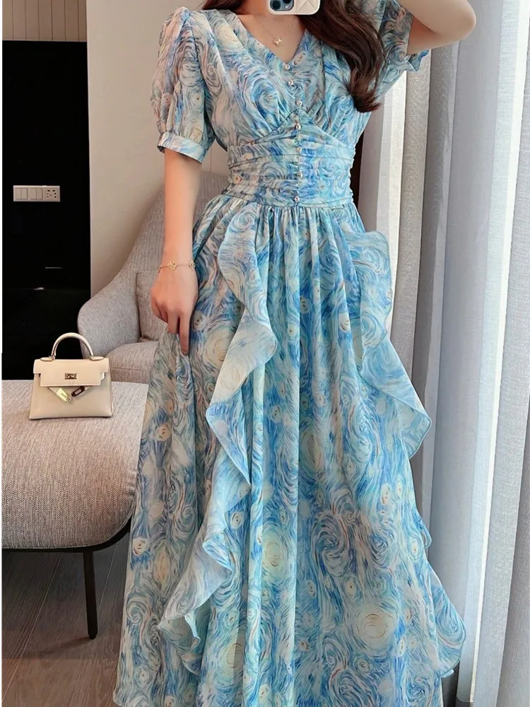 Grundlegende Freizeitkleider Neue Sommermode Druck Chiffon Langes Kleid Damen Luxus High-End V-Ausschnitt Puff Kurze Ärmel Kleider Weibliche Kleidung 2024