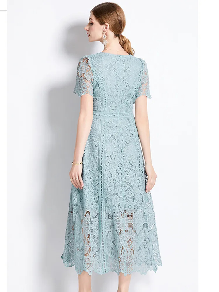 Basic Casual Dresses French Fashion Lace Hollow Out Long Dress Women Summer Short Sleeve Elegant Mid-Length High Quality Vestidos Vintage High-End O-Neck Lace 2024