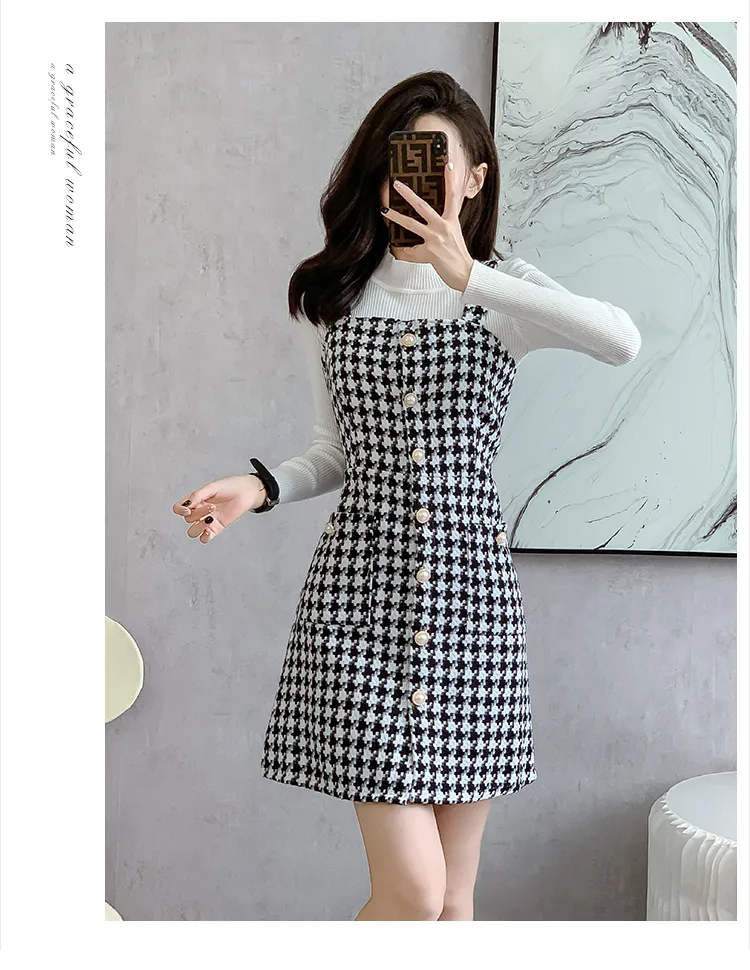 Vestido de duas peças novo outono inverno único breasted houndstooth cinta de espaguete vestido de duas peças conjunto feminino branco gola camisola conjuntos 2024