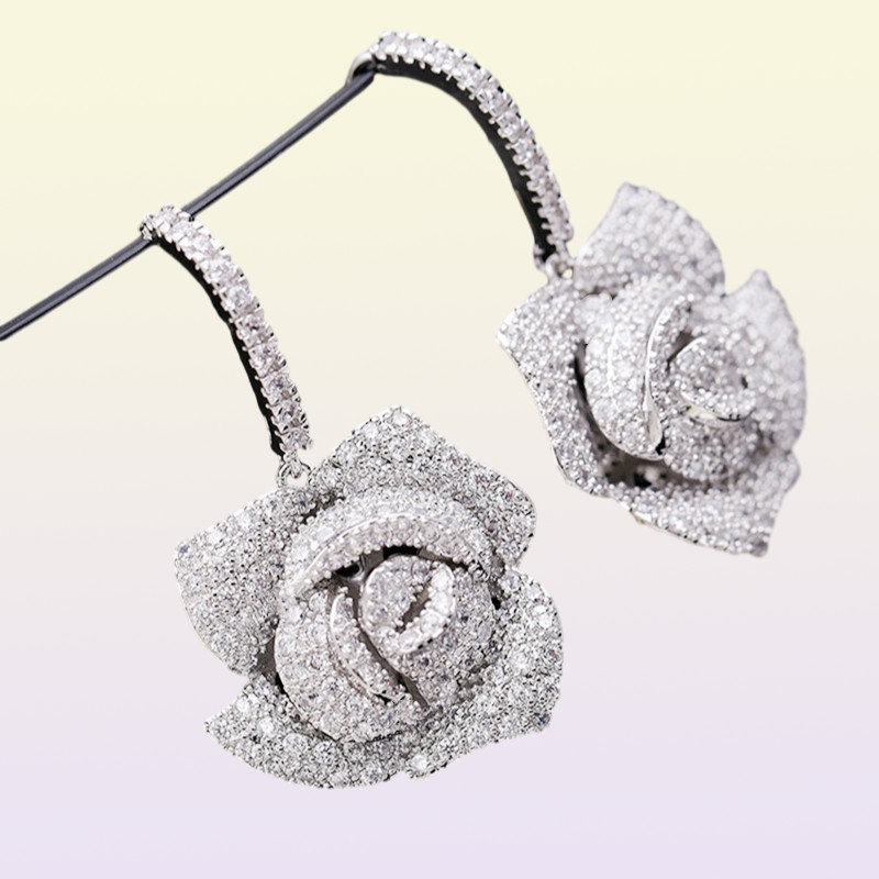 Bling S925 Silver Needle Rose Flor Dangle Drop Brincos Jóias de casamento Mulheres presentes7348916