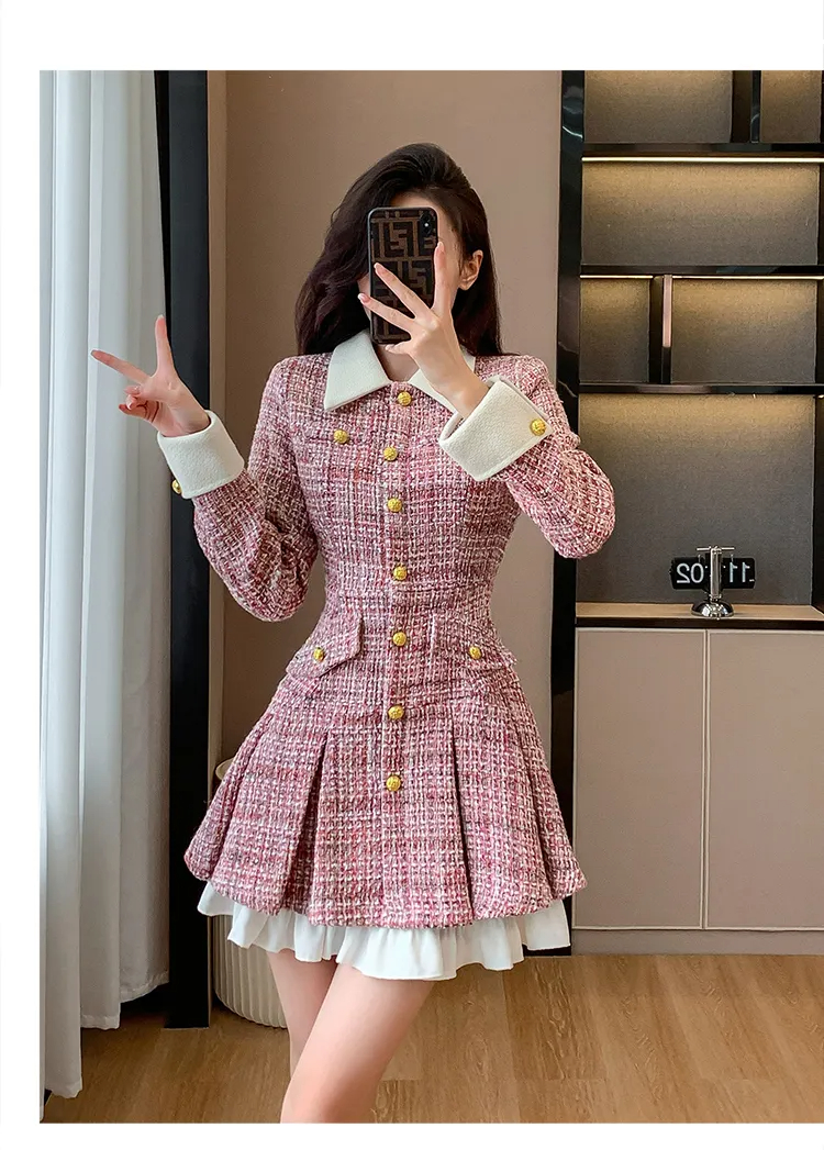 Basic Casual Dresses New Fashion Autumn Winter Pink Tweed Dress Women's French Luxury Runway Celebrity Single Breasted Patchwork Woolen Mini Dresses 2024