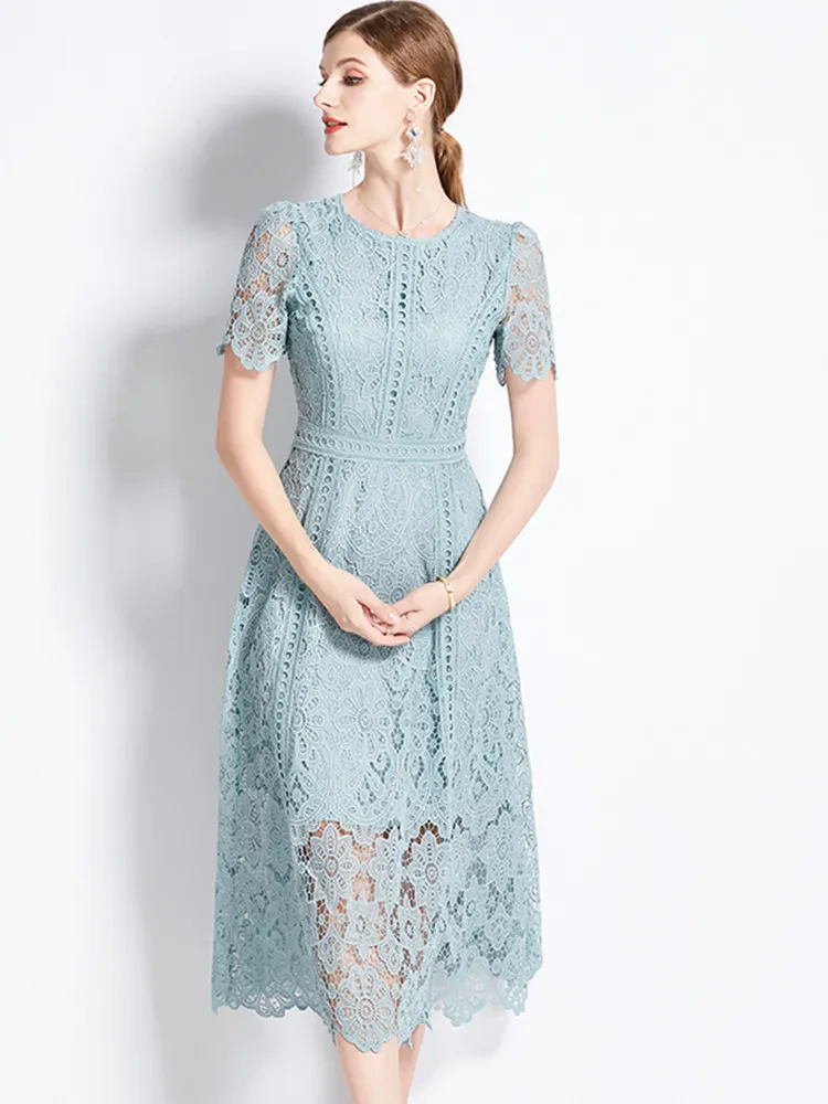 Basic Casual Dresses French Fashion Lace Hollow Out Long Dress Women Summer Short Sleeve Elegant Mid-Length High Quality Vestidos Vintage High-End O-Neck Lace 2024