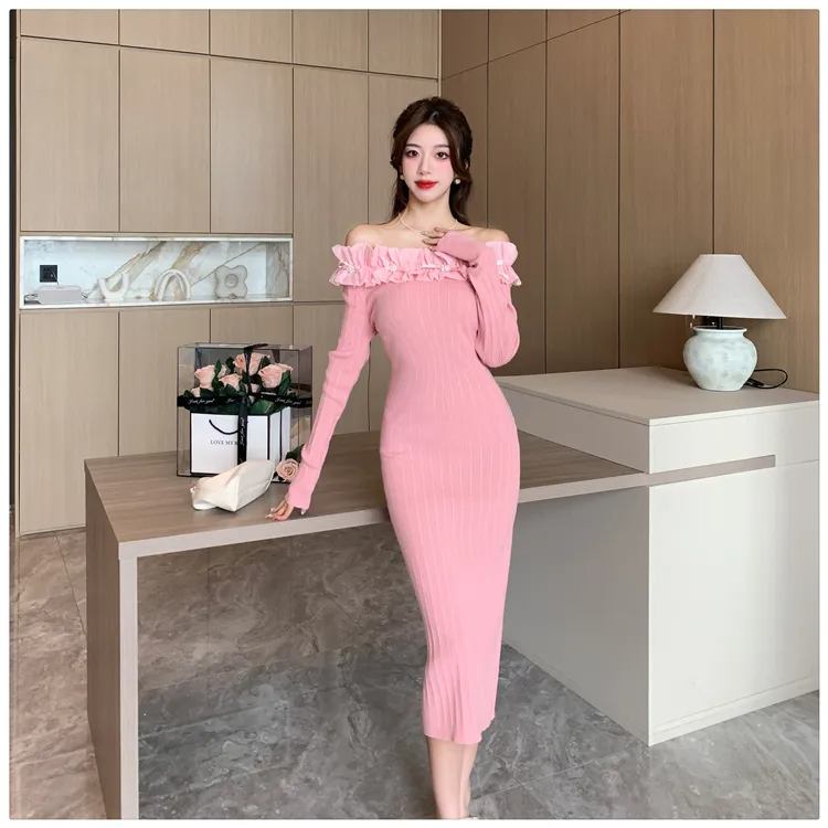 Basic Casual Dresses New Autumn Winter Sweet Ruffle Design Knitted DressWomen Beaded Sexy Off Shoulder Celebrity Style Slim Waist Sweater Dresses 2024