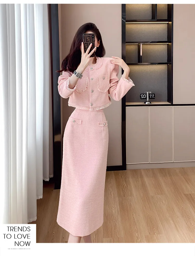 Vestido de duas peças high-end novo outono inverno francês pequena fragrância estilo tweed duas peças conjunto feminino luxo rosa lã saia longa conjuntos 2024