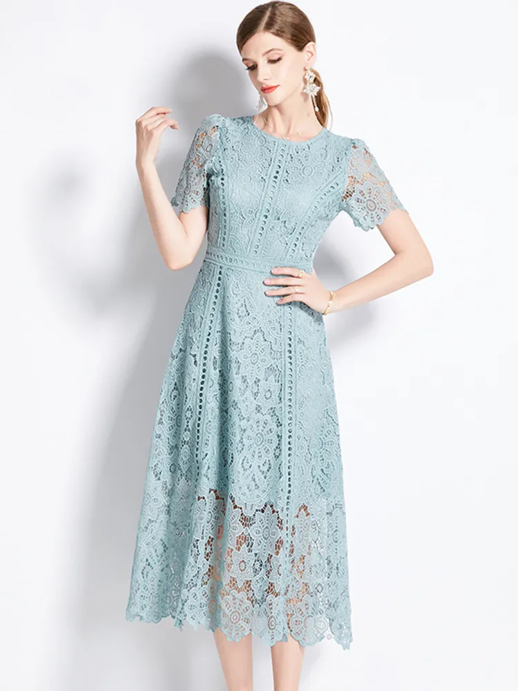 Basic Casual Dresses French Fashion Hollow Out Long Dress Women Summer Short Sleeve Elegant Mid-length High Quality Vestidos Vintage High-end O-neck Lace 2024
