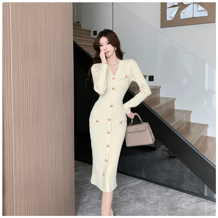 Basic Casual Dresses French Small Fragrance Style Celebrity Sexy V-Neck Single Breasted Slim Long Sleeve Knitted Dress Women