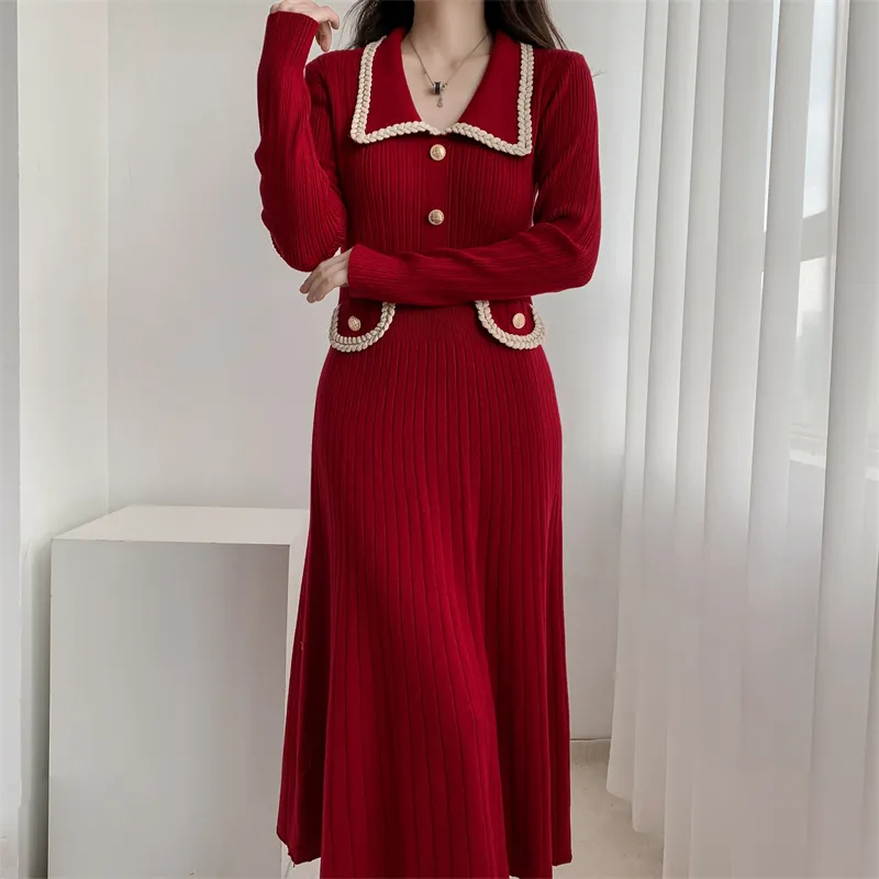 Basic Casual Dresses French Small Fragrant Style Long Sleeved Knitted Dress Women Autumn Winter Slim Temperament Mid-Length Christmas Sweater Dress 2024