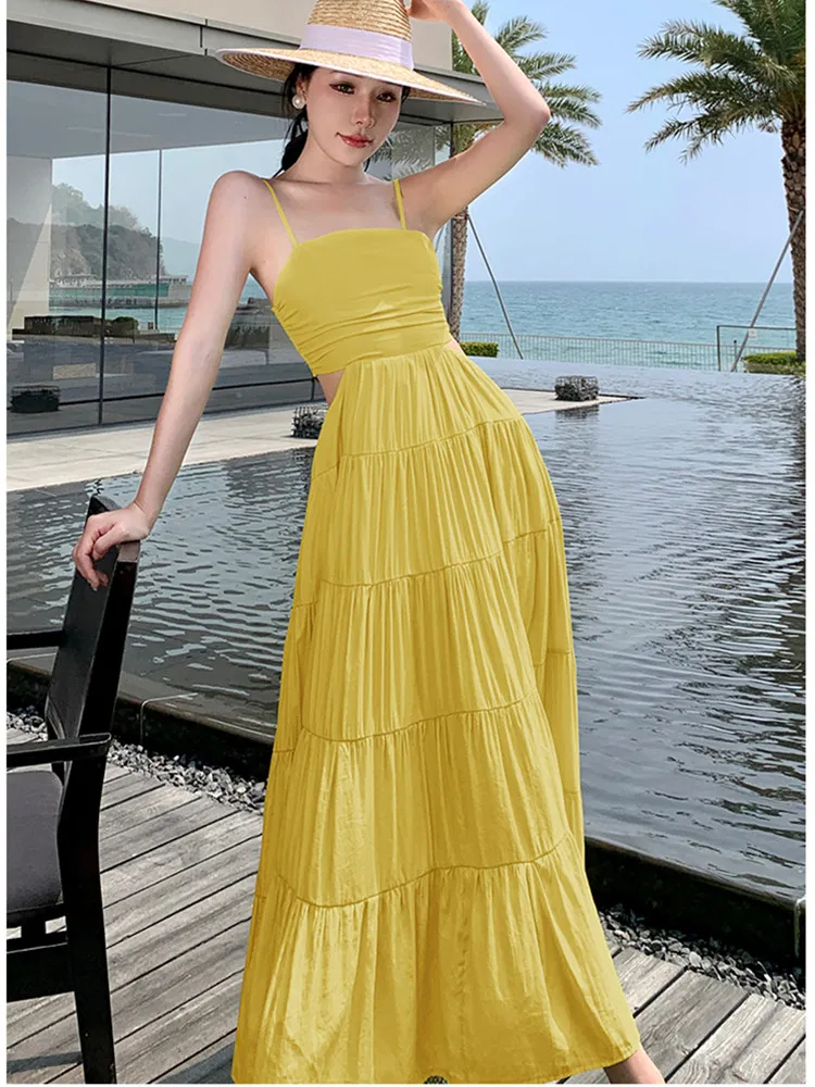 Basic Casual Dresses Ladies Sexy Spaghetti Strap Hollow Out Waist Long Dress For Women's Beach Vacation Solid Summer Dresses Robe Female Clothing 2024